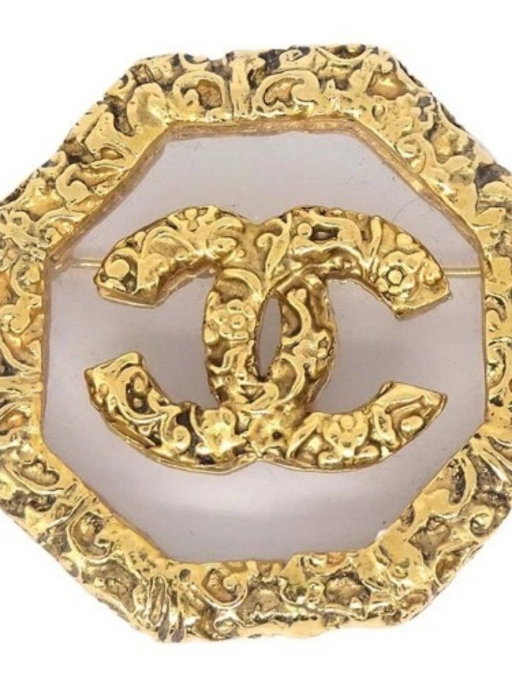 Chanel Octagonal Brooch Pin Gold Clear 93A 167410